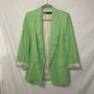 Zara Size Extra Small Green Linen Blend Open Blazer